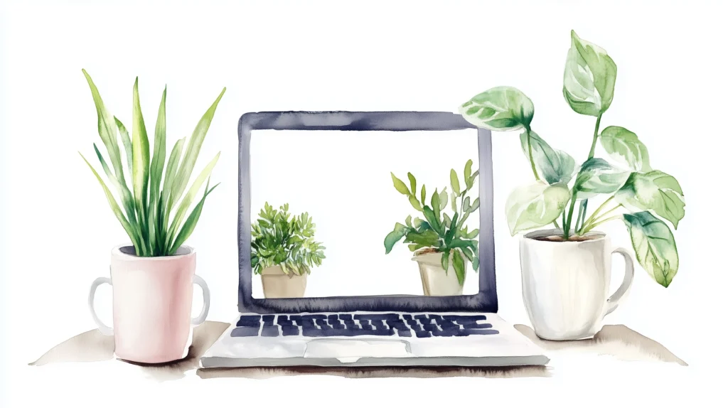 vecteezy a laptop surrounded by indoor plants on a simple desk 50682190
